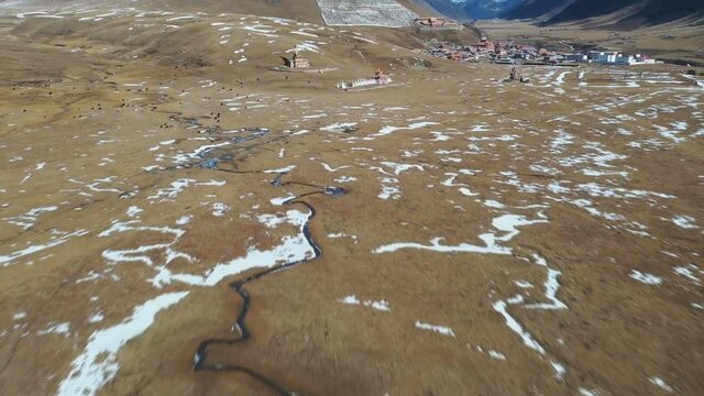 Sky burial site at Litang Tibetan Town. a famous tourist spot in Litang, Ganzi, Sichuan, China. (aerial photography)