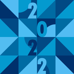 Geometric abstract drawing greeting card Happy New Year 2022. vector template in blue
