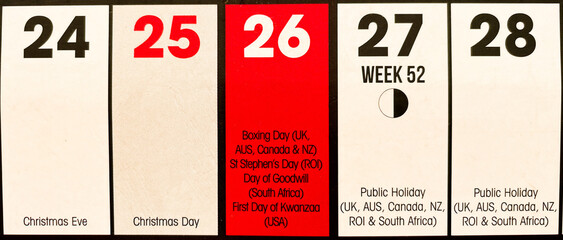 
A graphic shows the calendar dates for Christmas period 24th to 28th of December 2021.Public holidays of boxing day,st stephen's day,day of goodwill,first day of kwanzaa