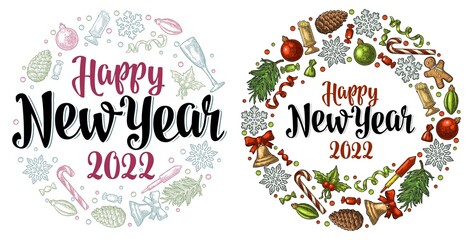 Circle shape set for New Year 2022. Vector vintage color engraving