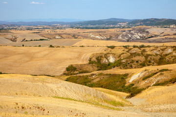 Naklejka premium Asciano (SI), Italy - August 02, 2021: Typical scenary of Crete Senesi, Asciano, Siena, Tuscany, Italy