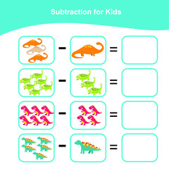 Counting math game for preschool children. Subtraction math games with Dino theme. Educational printable math worksheet. Vector illustration.
