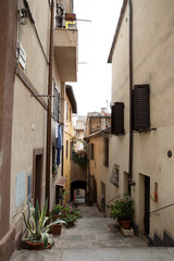 Montepulciano (SI), Italy - August 02, 2021: View of Montepulciano house and town, Tuscany, Italy