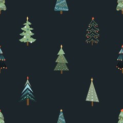 Christmas trees and Christmas tree decorations. New Years design of fabric, packaging, gift paper. Seamless pattern.