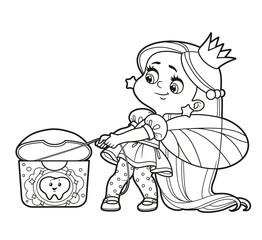 Cute fairy girl pulls the floss out of the package with an effort  outlined for coloring on a white background