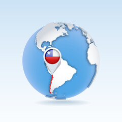 Chile - country map and flag located on globe, world map.