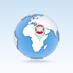 Burundi - country map and flag located on globe, world map.