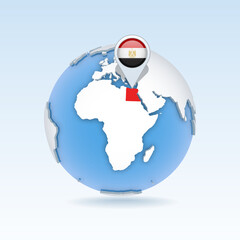 Egypt - country map and flag located on globe, world map.