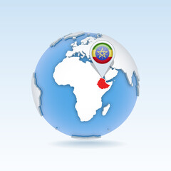 Ethiopia - country map and flag located on globe, world map.