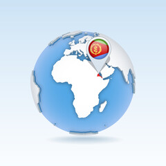 Eritrea - country map and flag located on globe, world map.