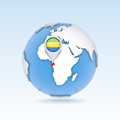 Gabon - country map and flag located on globe, world map.