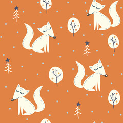 Fototapeta premium Seamless pattern with fox, Christmas trees and snowfall. Wrapping paper design for winter holidays.