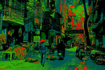 Das Bild zeigt eine typische vietnamesische Straßenszene in Hanoi: Frau mit Reishut und Joch, Mopeds und freiliegende Elektroleitungen