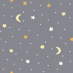 Obraz na płótnie Canvas Seamless pattern of the starry sky on a gray background. Moon and stars.