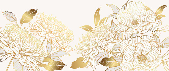 Luxury gold floral background vector. Golden gradient Roses and peonies flower line art wallpaper design for prints, cover, wall arts, greeting card, wedding cards, invitation.