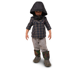 The boy in the jacket with the hood is very serious. Place for text