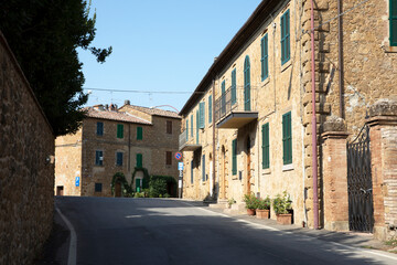 Fototapeta na wymiar Castelmuzio (SI), Italy - August 08, 2021: View of Castelmuzio houses and town, Tuscany, Italy