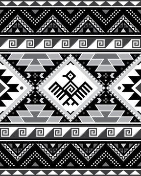 Aztec Tribal geometric seamless vector pattern with bird and triangles - Peruvian rug or carpet style, 8x10 format, Southwestern decor in black, gray and white
