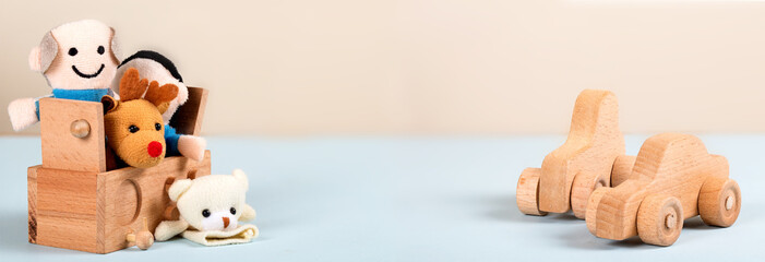 Panoramic photo Collection of different kinds of children toys. Child development and education concept.