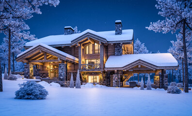 3d rendering of modern cozy chalet with pool and parking for sale or rent. Beautiful forest mountains on background. Massive timber beams columns. Cool winter night with stars in sky.