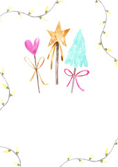 decor New Years, Christmas decorative trees and stars, hearts, cute children's illustration in watercolor