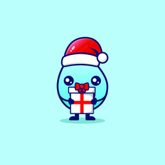 Cute of happy Christmas water gets a gift. Isolated on blue background