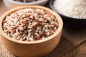 Close up of Organic Brown Thai rice grain in a bowl