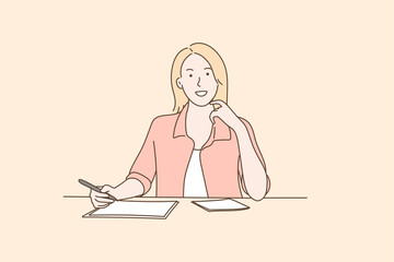 Happy business woman smiling and looking at camera while relaxing in office. Hand drawn style vector design illustrations.