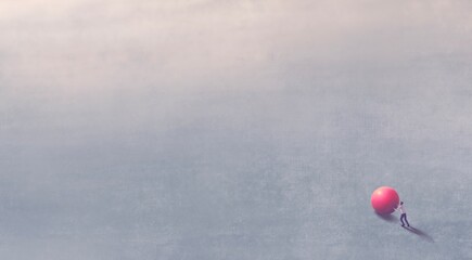 Concept idea of creative inspiration motivation try and success. Concpetual art of way  and hope. Surreal painting artwork. 3d illustration. A man pushing a big red ball to the light in a space.