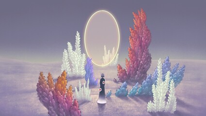 Surreal art of creative way inspiration motivation imagination and dream concept idea, A woman with door of light in fantasy garden. 3d illustration. mystery in nature landscape. 