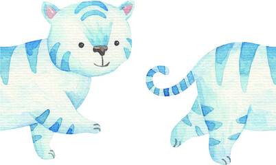 new year card with cute bright blue tiger, childrens illustration in watercolor