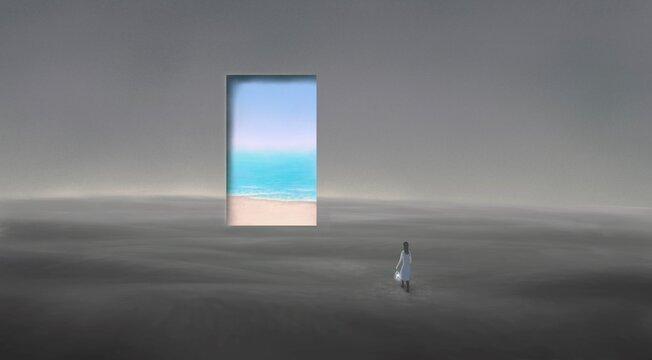 Concept idea of inspiration motivation creative freedom dream success . Concpetual art of way change. Surreal painting artwork. 3d illustration, Woman walking to a door of sea in mystery landscape.