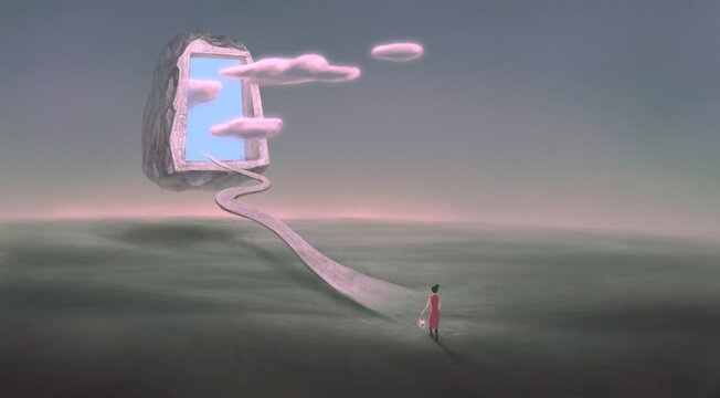 Concept idea of inspiration motivation creative freedom dream success . Concpetual art of way change. Surreal painting artwork. 3d illustration, Woman walking to a door of sky in mystery landscape.