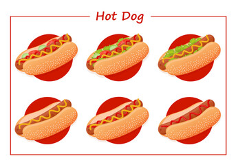 Set of American delicious hot dogs with different ingredients such as sausage, mustard, ketchup, lettuce, tomatoes, cucumbers and sesame seed bun for advertising, web. Illustration of fast food