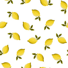 White background seamless pattern. Lemons with leaves.