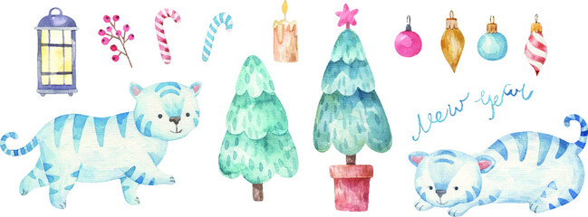 new year set with trees and blue tigers 2022, kids watercolor illustration