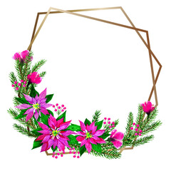 Christmas watercolour wreath, pink poinsettia, Christmas tree, berries, flowers. Hand drawn object, isolated on white.