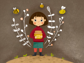 The little beekeeper with honey and bees