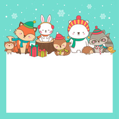Obraz na płótnie Canvas Cute animals cartoon hand drawn style with copy space for merry christmas and happy new year card design template.