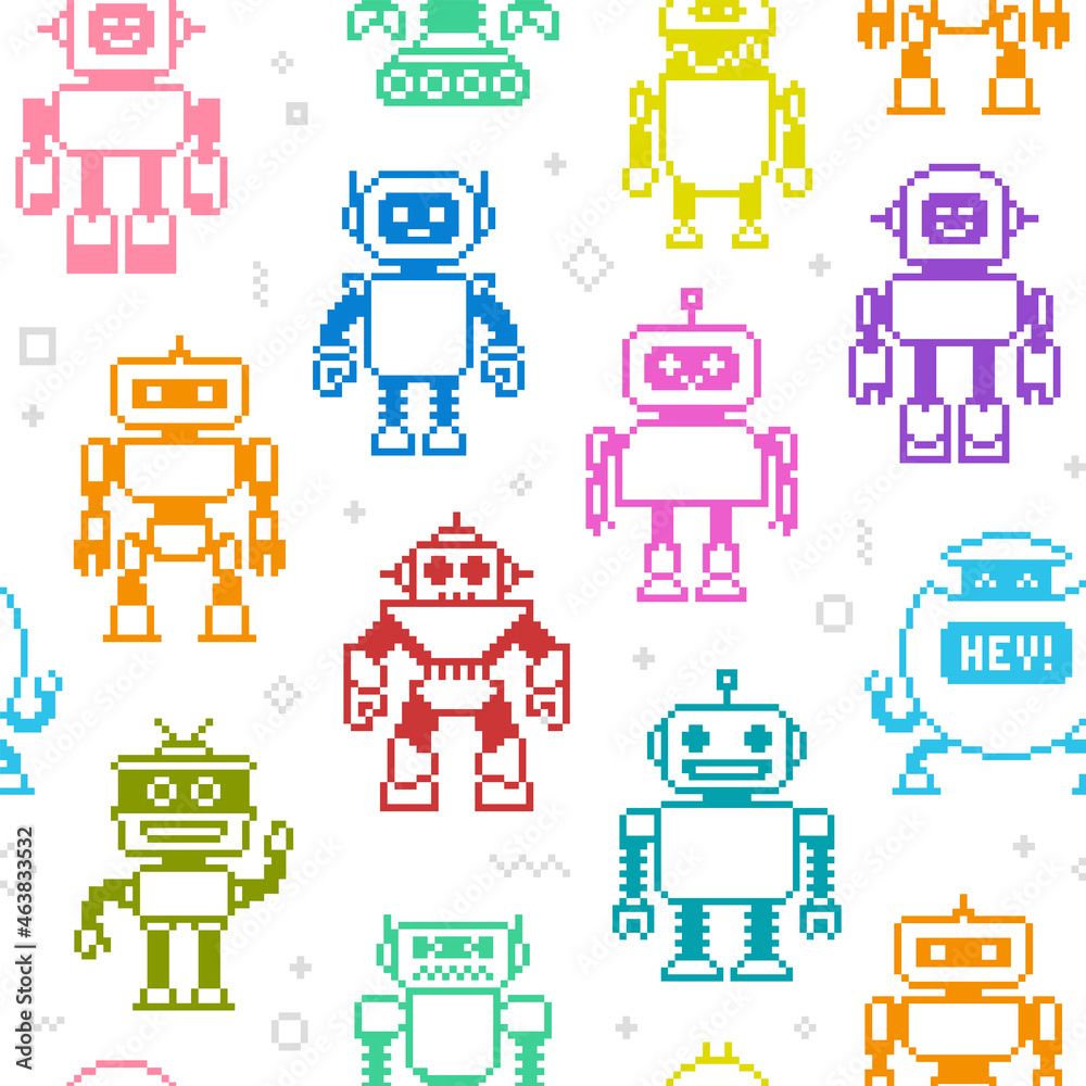 Poster pixel art robots colorful vector seamless pattern. cartoon robots in 8-bit retro game style endless 
