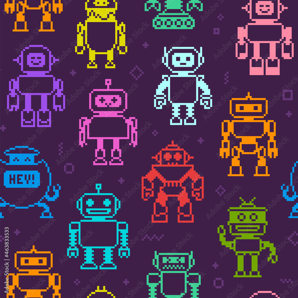 Poster pixel art cartoon colorful robots icons vector seamless pattern. funny robots and aliens in 8-bit re