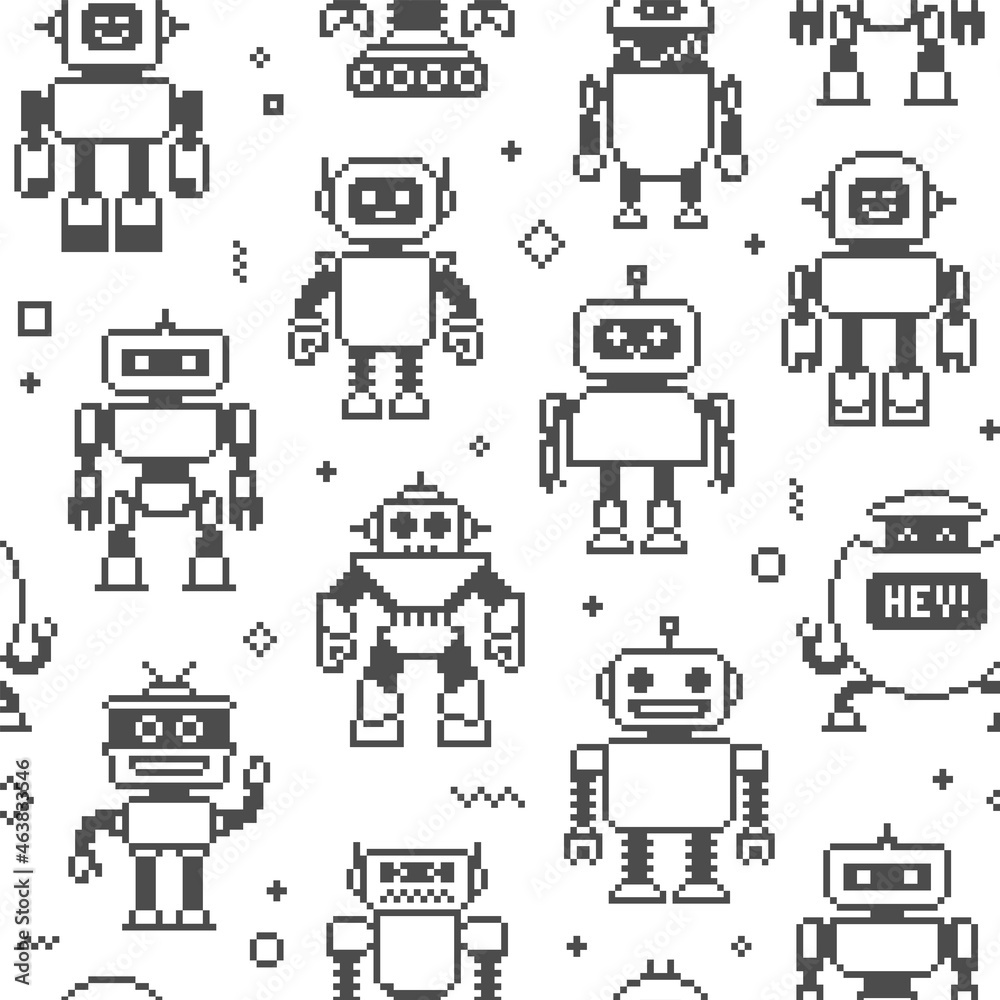 Poster pixel art cartoon robots icons isolated vector seamless pattern. funny robots in 8-bit retro game st