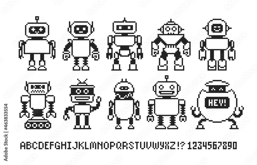  pixel art cartoon robots 8-bit icons with type font isolated vector collection. funny robots and ali