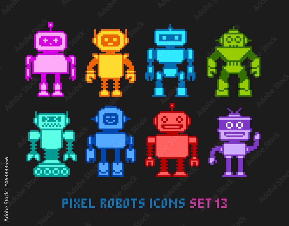 Poster pixel art cartoon colorful robots icons vector collection. funny robots and aliens in 8-bit retro ga