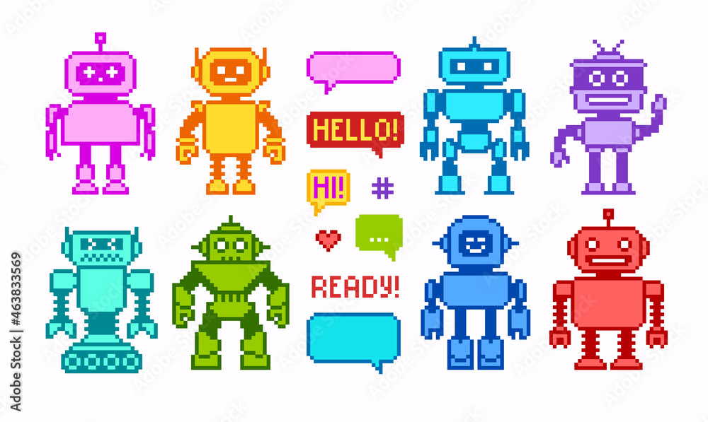Poster pixel art cartoon colorful robots icons collection isolated vector. funny robots and aliens in 8-bit