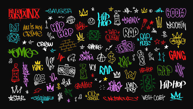 Colorful Hip-Hop graffiti doodle set and street art tags vector icons set. Rap and hip-hop grunge elements for pattern and tee print design. Isolated on white