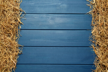 Dried hay on blue wooden background, flat lay. Space for text