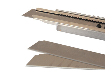 Stationery knife for cutting paper and cardboard, on a white background 