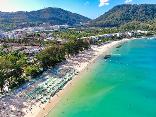 Aerial View With Drone. Tourists at Patong beach in Phuket Island, Thailand. Beautiful landscape Hat Patong Beach.