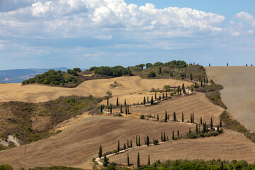 Val d' Orcia (SI), Italy - August 05, 2021: Typical landscape in val d' Orcia, Tuscany, Italy